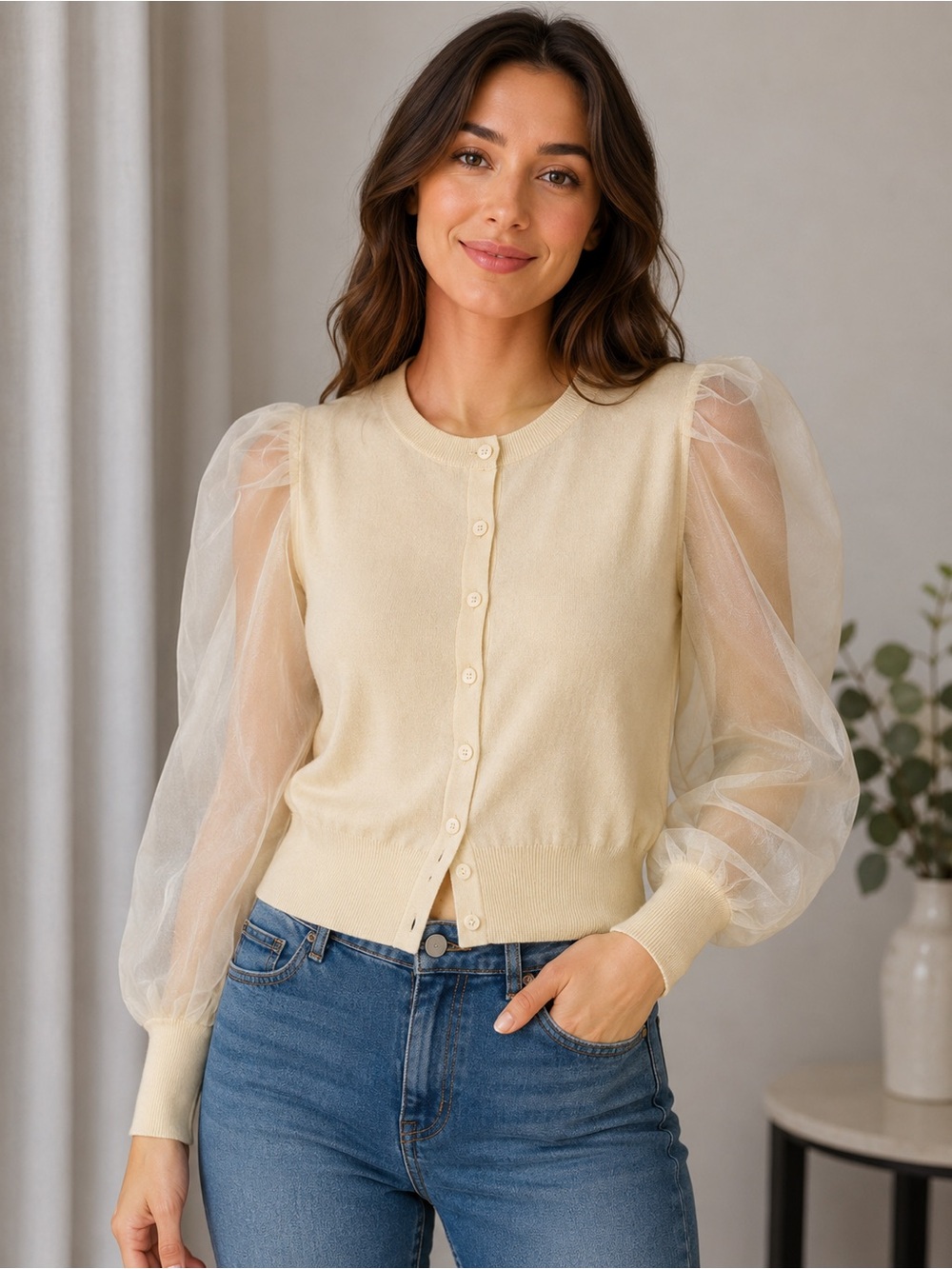 Zara Pale Yellow Sheer Puff Sleeve Cardigan